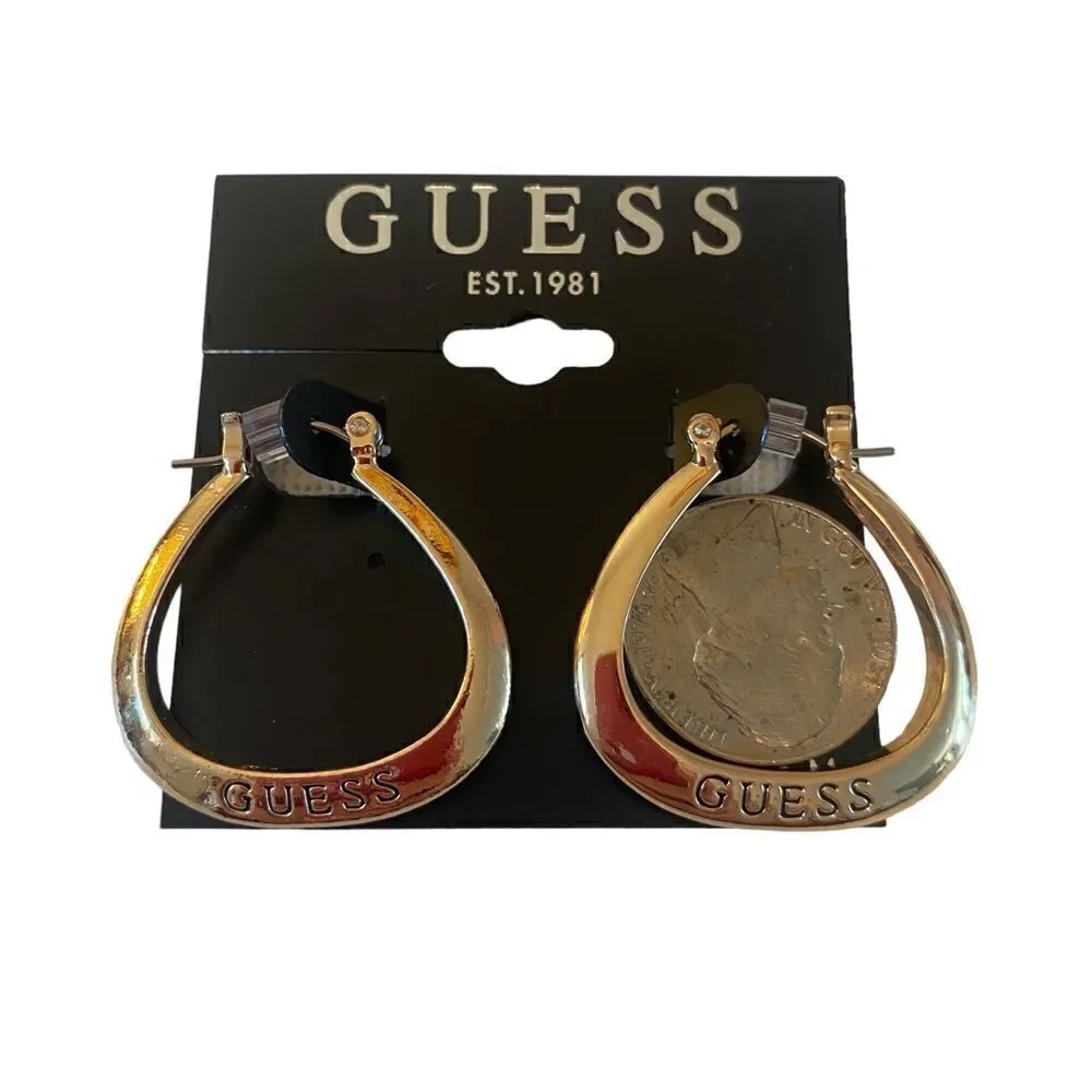 Bright Gold Toned Guess Embossed Earrings.